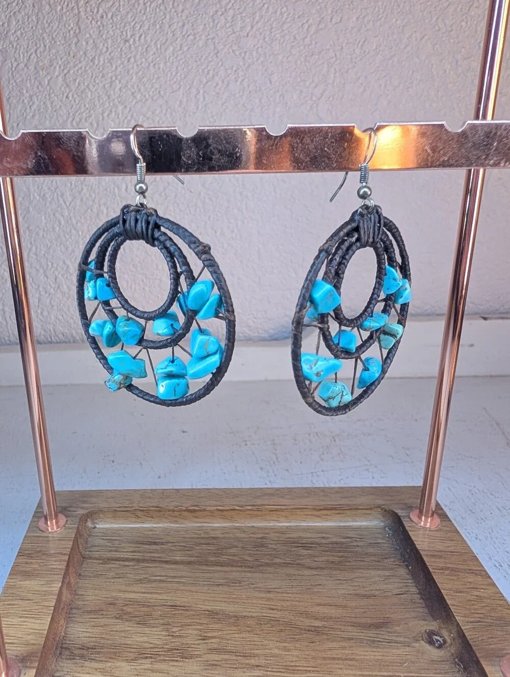 Turquoise Southwestern Boho Handmade Circular Dangle Earrings Wire Wrapped